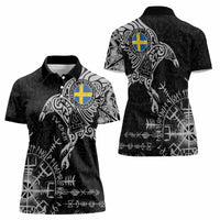 Sweden Viking Ravens Women Polo Shirt Vegvisir Runes Pattern - Wonder Print Shop