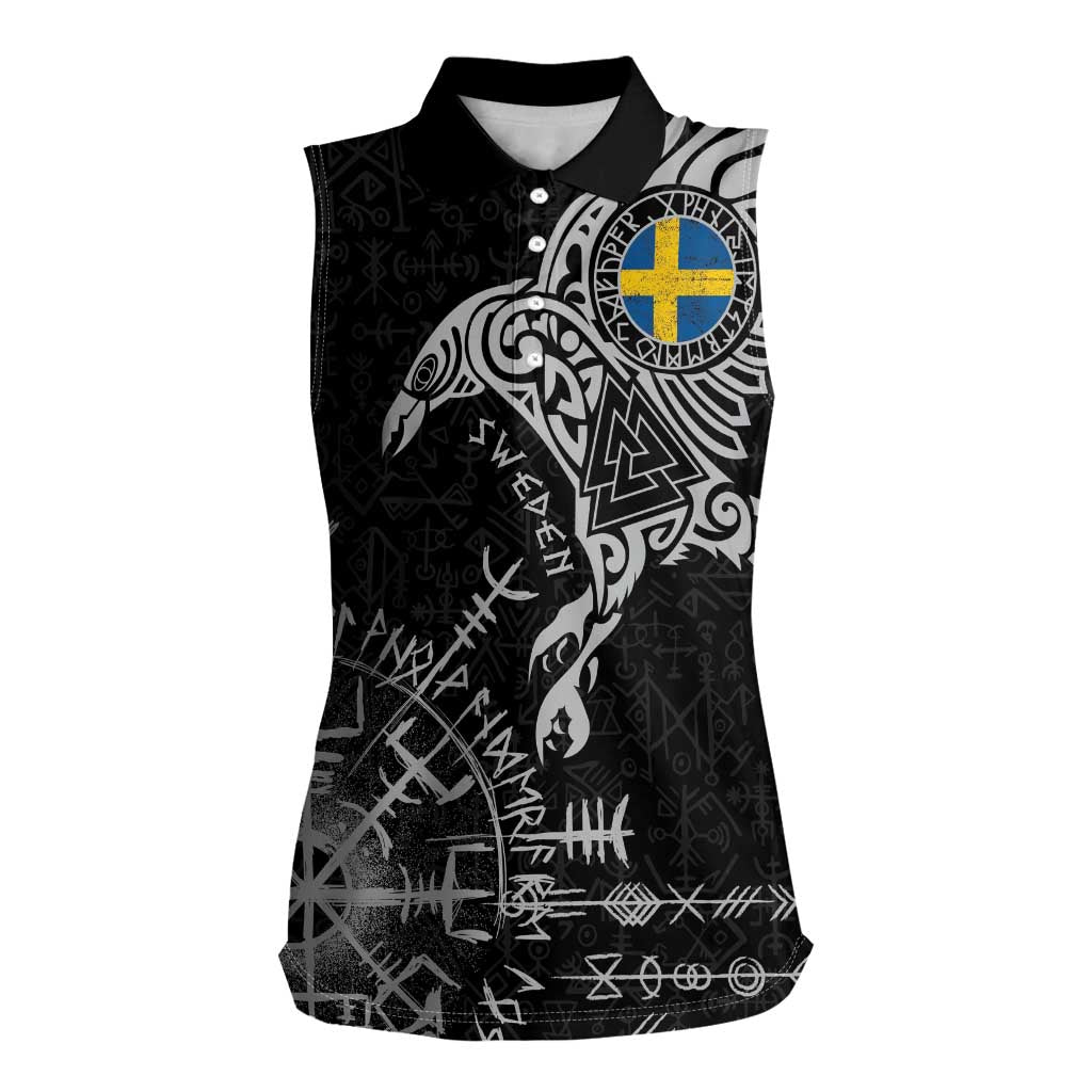 Sweden Viking Ravens Women Sleeveless Polo Shirt Vegvisir Runes Pattern - Wonder Print Shop