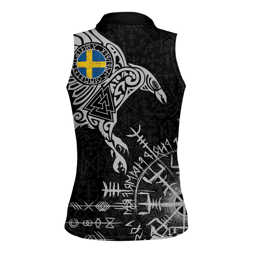 Sweden Viking Ravens Women Sleeveless Polo Shirt Vegvisir Runes Pattern - Wonder Print Shop