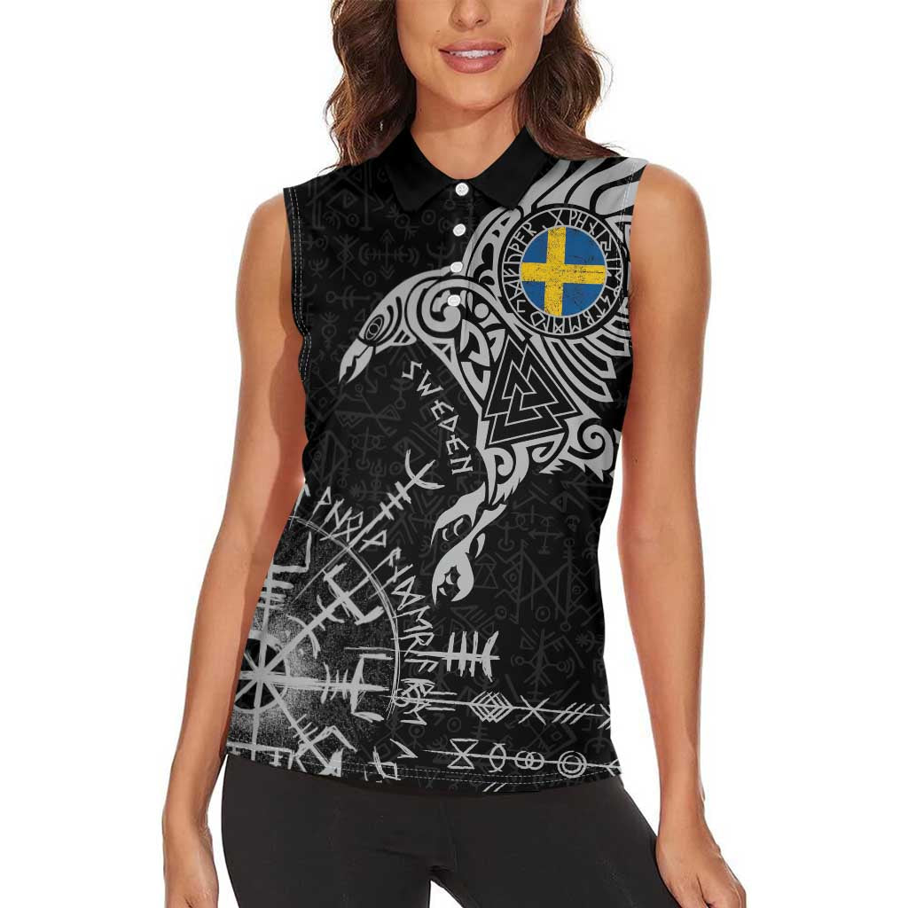 Sweden Viking Ravens Women Sleeveless Polo Shirt Vegvisir Runes Pattern - Wonder Print Shop