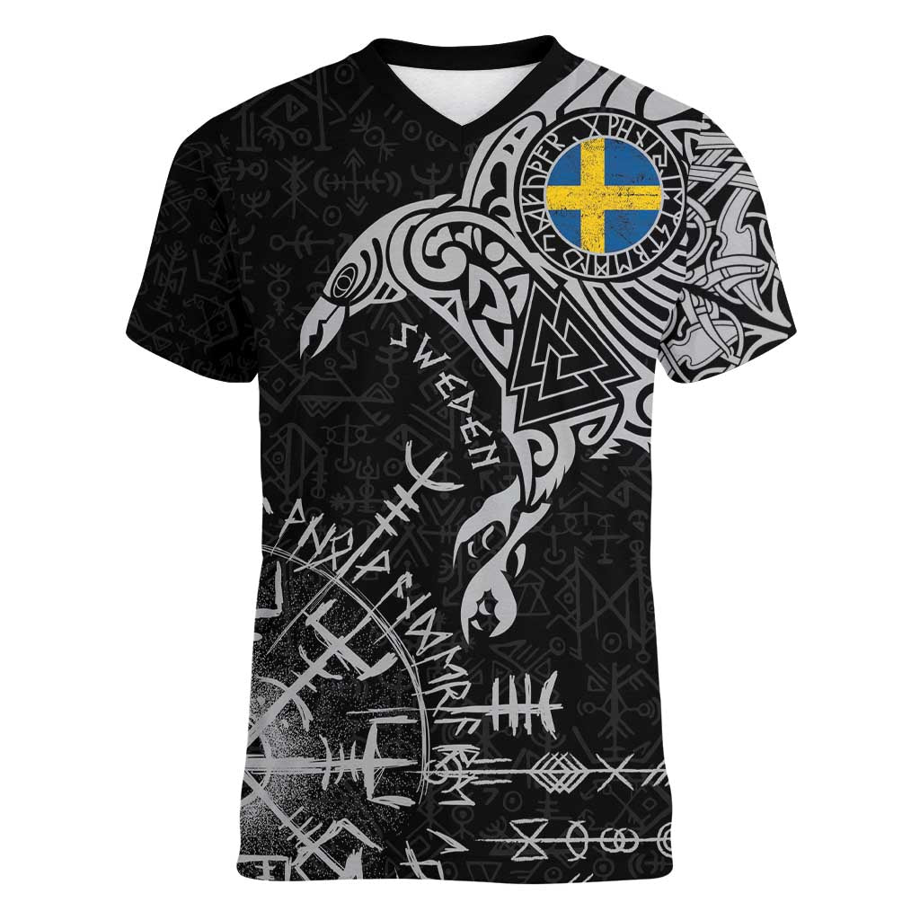 Sweden Viking Ravens Women V-Neck T-Shirt Vegvisir Runes Pattern - Wonder Print Shop
