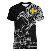 Sweden Viking Ravens Women V-Neck T-Shirt Vegvisir Runes Pattern - Wonder Print Shop