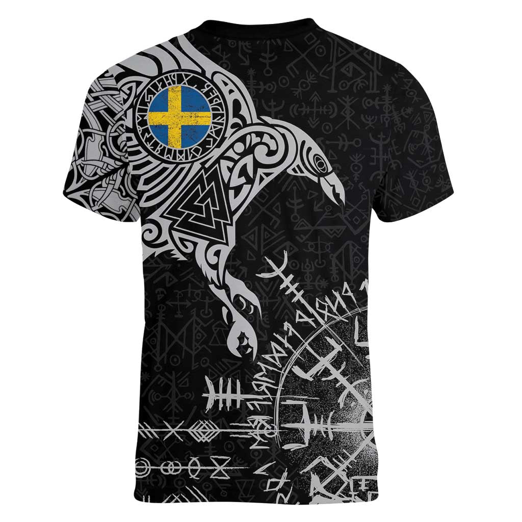 Sweden Viking Ravens Women V-Neck T-Shirt Vegvisir Runes Pattern - Wonder Print Shop