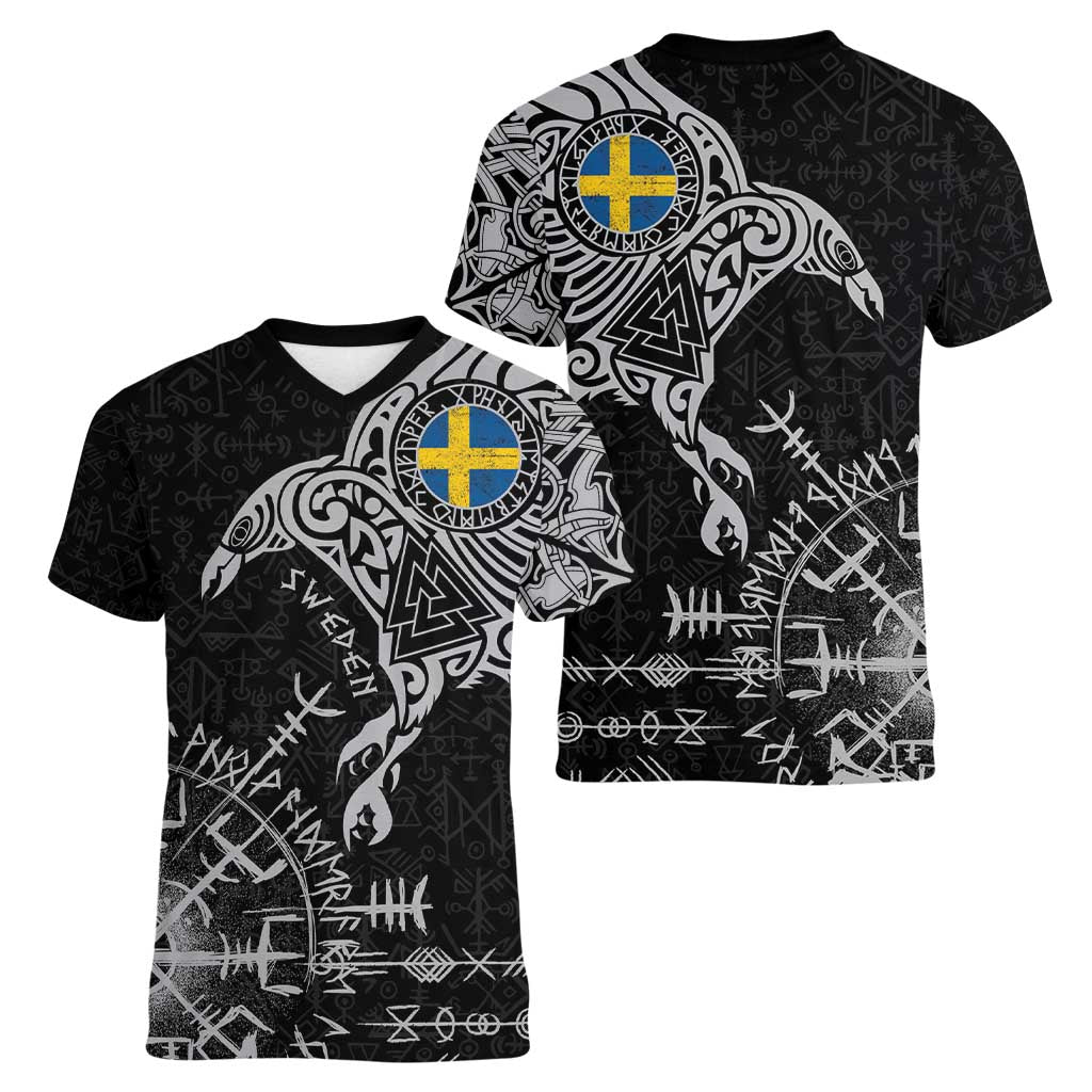 Sweden Viking Ravens Women V-Neck T-Shirt Vegvisir Runes Pattern - Wonder Print Shop