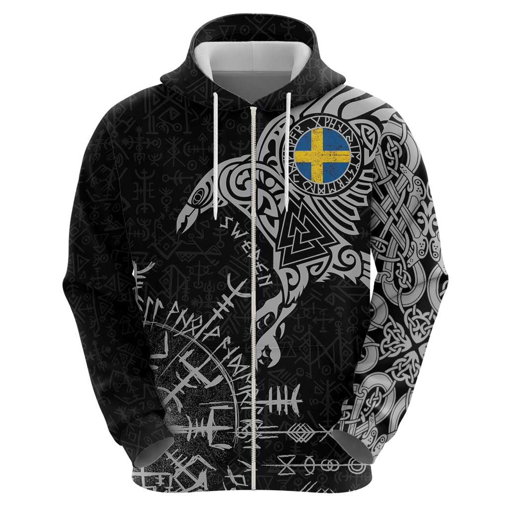 Sweden Viking Ravens Zip Hoodie Vegvisir Runes Pattern - Wonder Print Shop