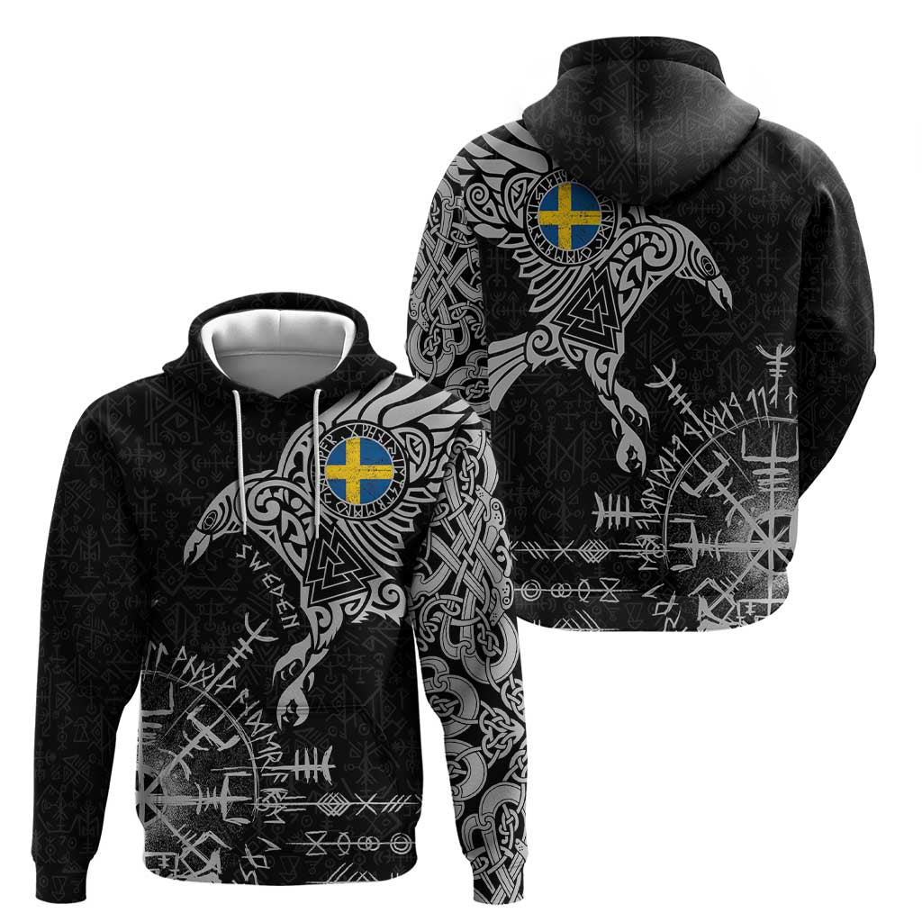 Sweden Viking Ravens Zip Hoodie Vegvisir Runes Pattern - Wonder Print Shop