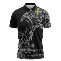 Sweden Viking Ravens Zipper Polo Shirt Vegvisir Runes Pattern - Wonder Print Shop