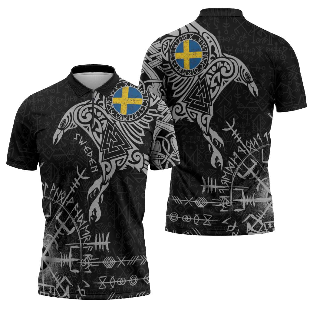 Sweden Viking Ravens Zipper Polo Shirt Vegvisir Runes Pattern - Wonder Print Shop