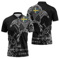 Sweden Viking Ravens Zipper Polo Shirt Vegvisir Runes Pattern - Wonder Print Shop