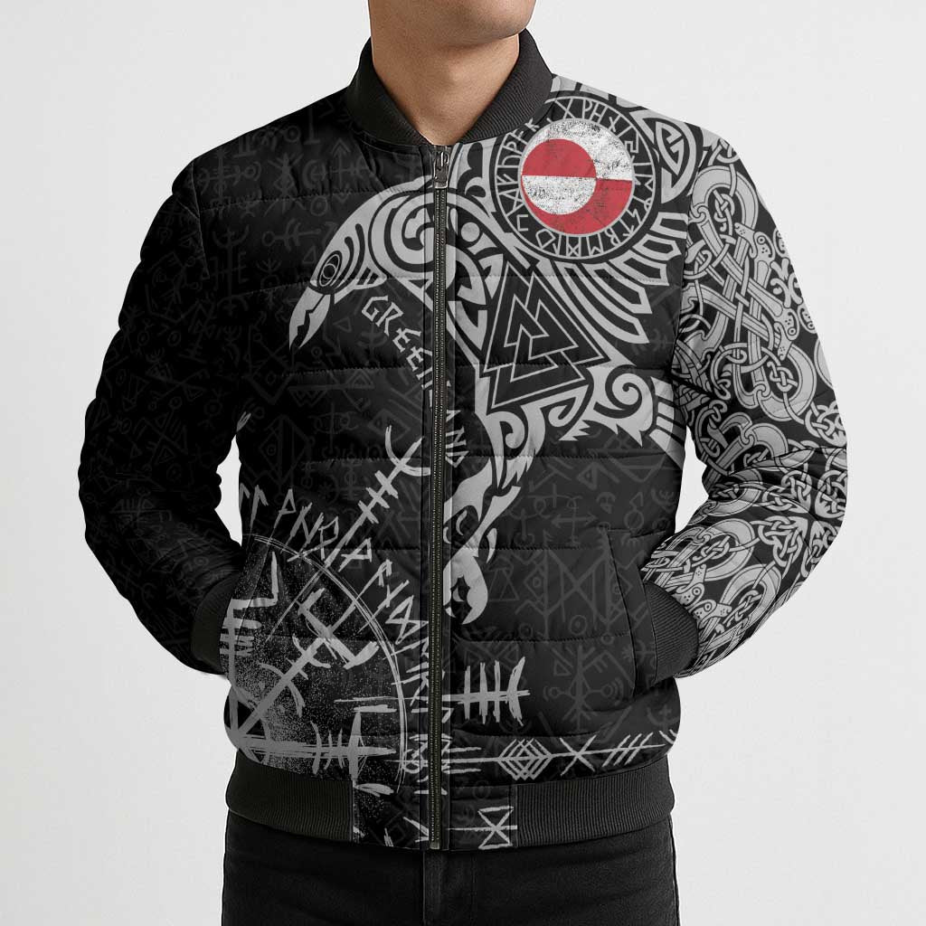 Greenland Viking Ravens Bomber Puffer Jacket Vegvisir Runes Pattern - Wonder Print Shop