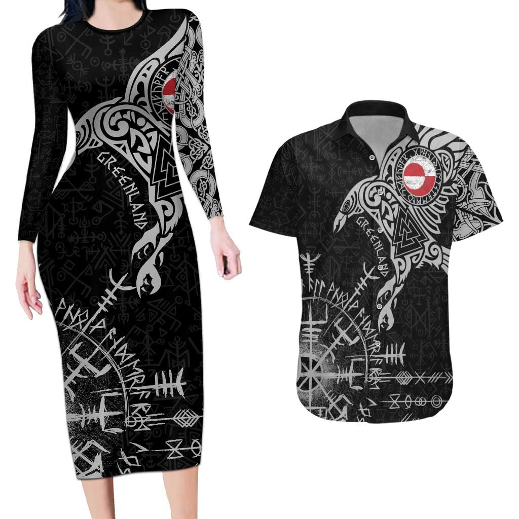 Greenland Viking Ravens Couples Matching Long Sleeve Bodycon Dress and Hawaiian Shirt Vegvisir Runes Pattern - Wonder Print Shop