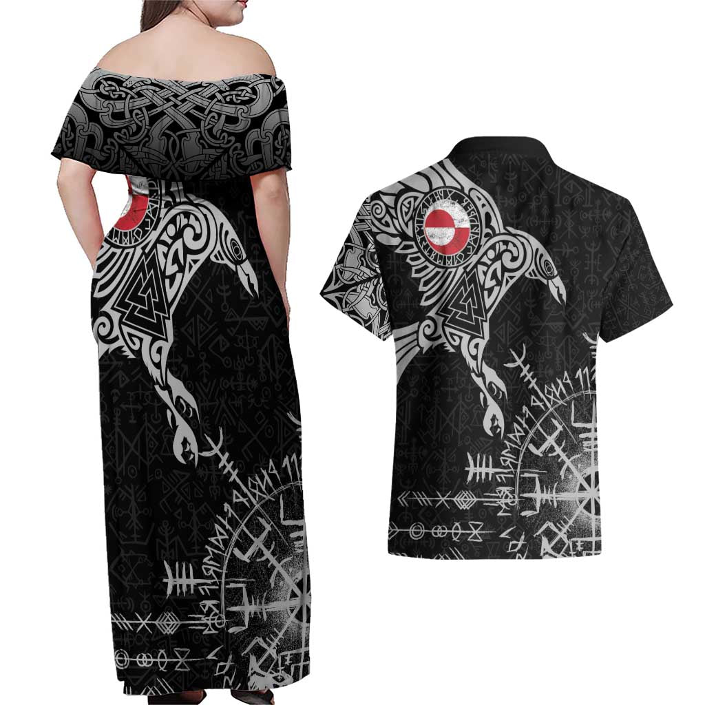 Greenland Viking Ravens Couples Matching Off Shoulder Maxi Dress and Hawaiian Shirt Vegvisir Runes Pattern - Wonder Print Shop