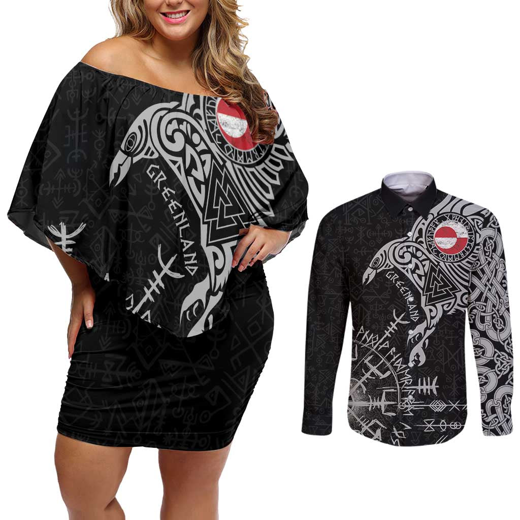 Greenland Viking Ravens Couples Matching Off Shoulder Short Dress and Long Sleeve Button Shirt Vegvisir Runes Pattern - Wonder Print Shop