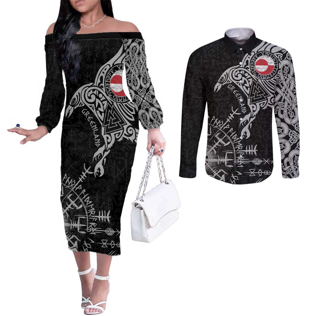 Greenland Viking Ravens Couples Matching Off The Shoulder Long Sleeve Dress and Long Sleeve Button Shirt Vegvisir Runes Pattern - Wonder Print Shop