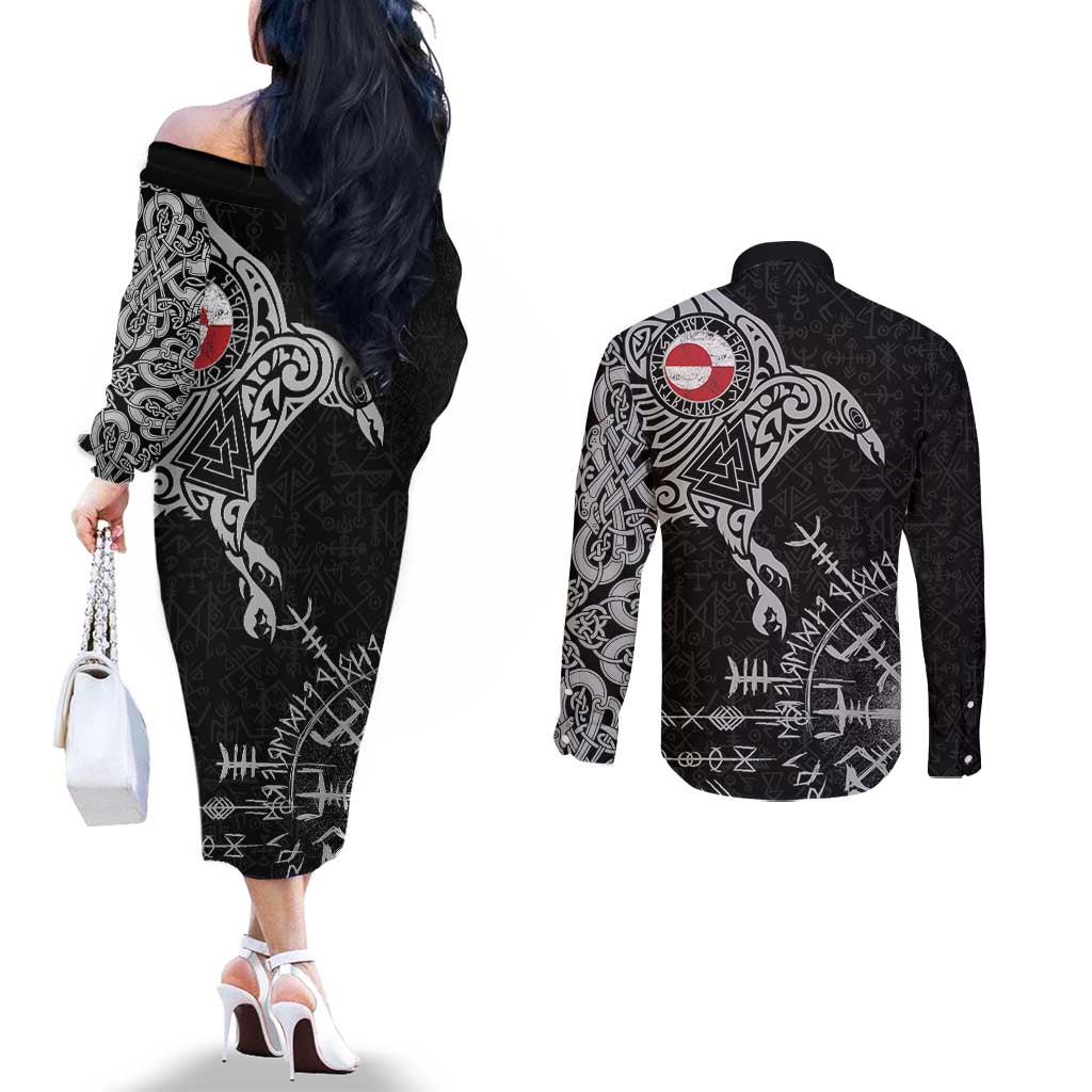 Greenland Viking Ravens Couples Matching Off The Shoulder Long Sleeve Dress and Long Sleeve Button Shirt Vegvisir Runes Pattern - Wonder Print Shop