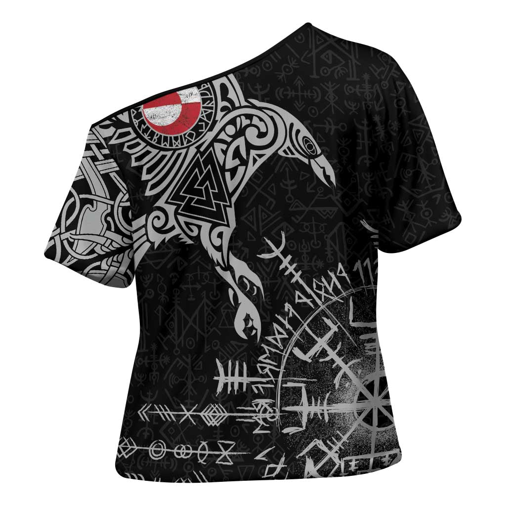 Greenland Viking Ravens Cross Shoulder Shirt Vegvisir Runes Pattern - Wonder Print Shop