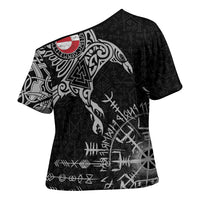 Greenland Viking Ravens Cross Shoulder Shirt Vegvisir Runes Pattern - Wonder Print Shop