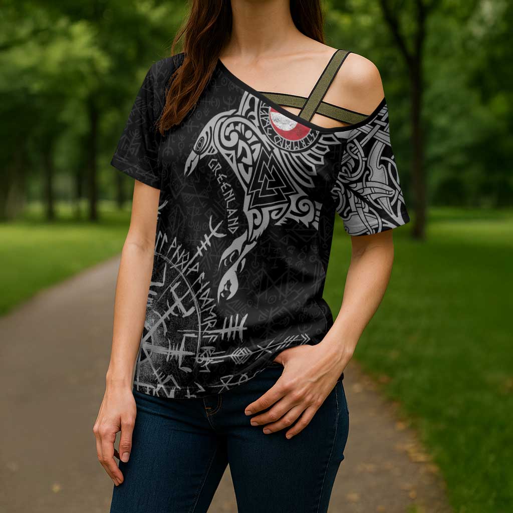 Greenland Viking Ravens Cross Shoulder Shirt Vegvisir Runes Pattern - Wonder Print Shop