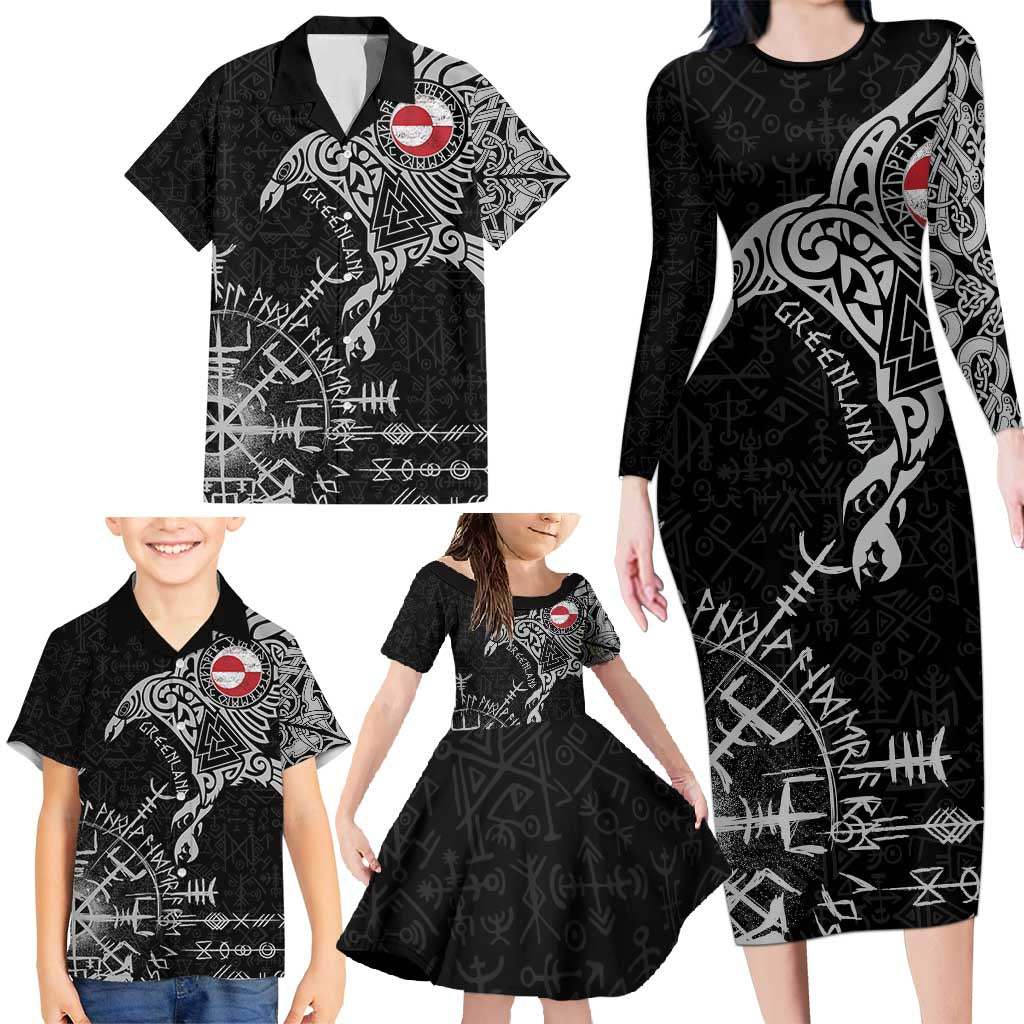 Greenland Viking Ravens Family Matching Long Sleeve Bodycon Dress and Hawaiian Shirt Vegvisir Runes Pattern - Wonder Print Shop
