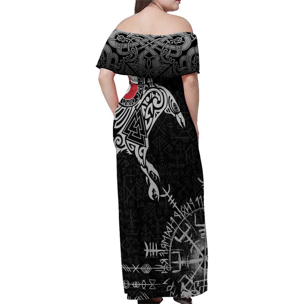 Greenland Viking Ravens Family Matching Off Shoulder Maxi Dress and Hawaiian Shirt Vegvisir Runes Pattern - Wonder Print Shop