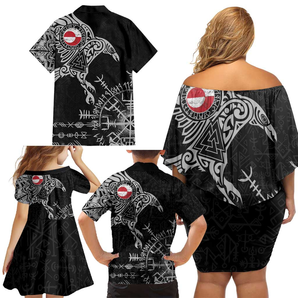 Greenland Viking Ravens Family Matching Off Shoulder Short Dress and Hawaiian Shirt Vegvisir Runes Pattern - Wonder Print Shop
