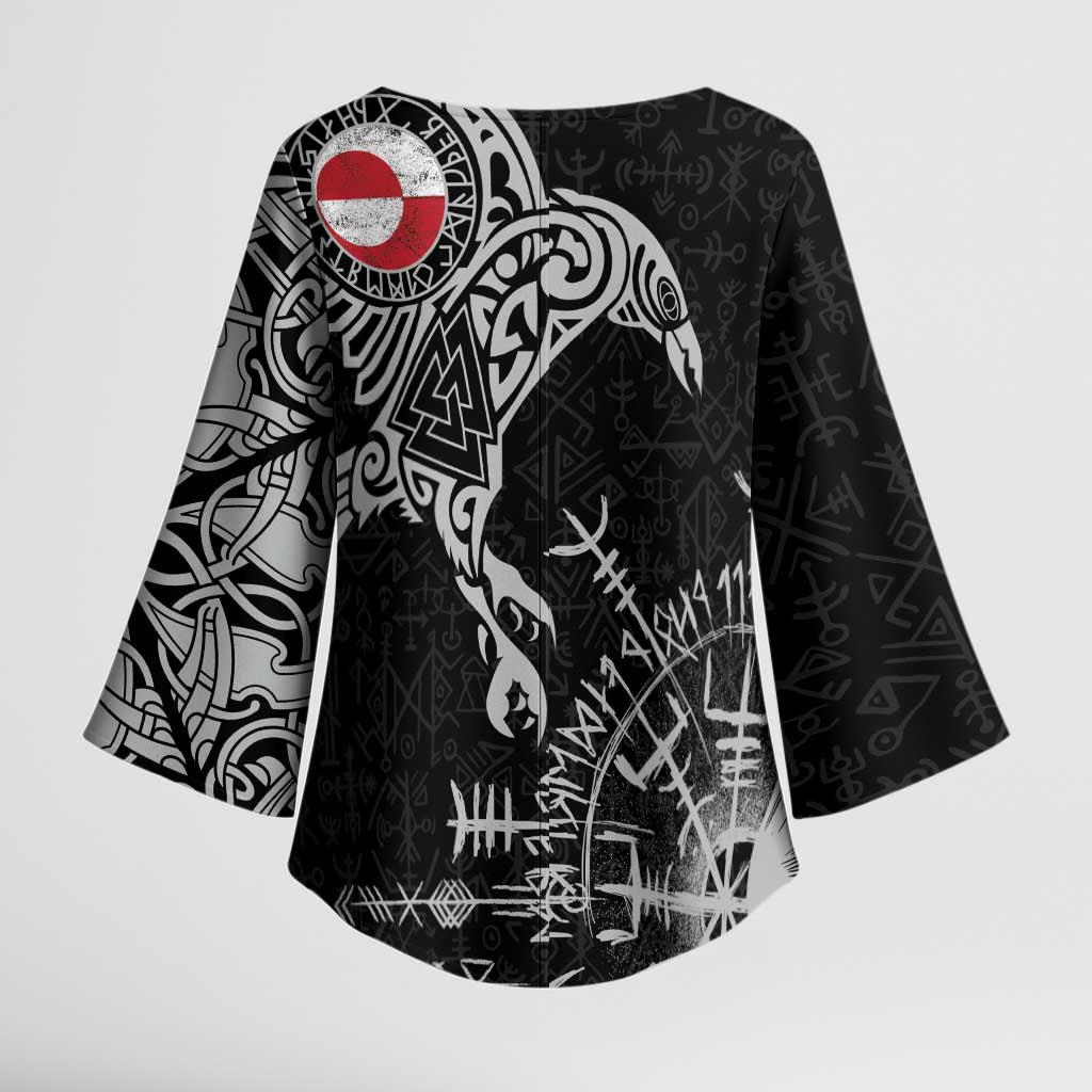 Greenland Viking Ravens Kimono Sleeve Blouse Vegvisir Runes Pattern - Wonder Print Shop