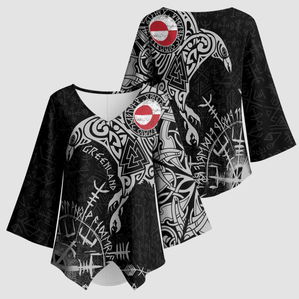 Greenland Viking Ravens Kimono Sleeve Blouse Vegvisir Runes Pattern - Wonder Print Shop