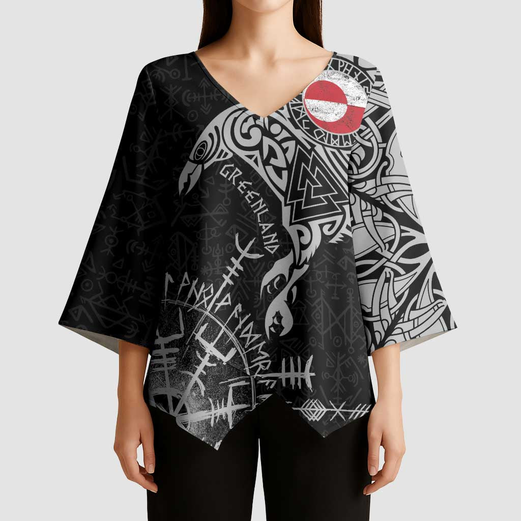 Greenland Viking Ravens Kimono Sleeve Blouse Vegvisir Runes Pattern - Wonder Print Shop