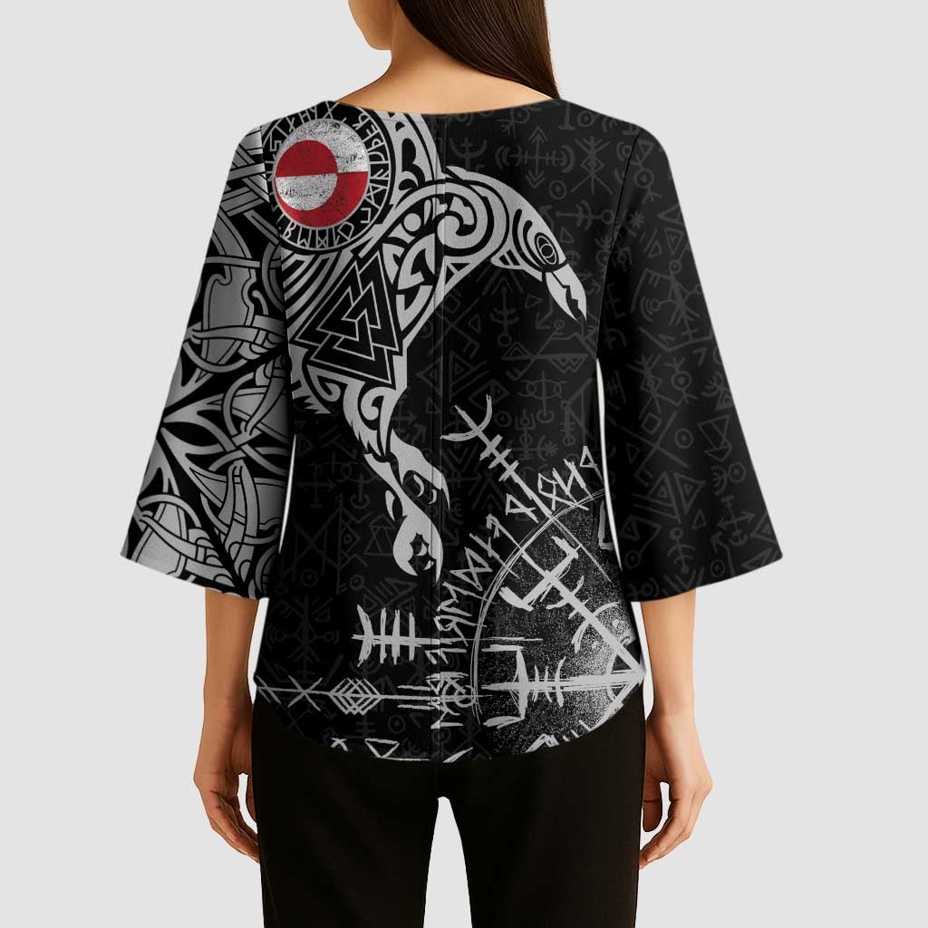 Greenland Viking Ravens Kimono Sleeve Blouse Vegvisir Runes Pattern - Wonder Print Shop