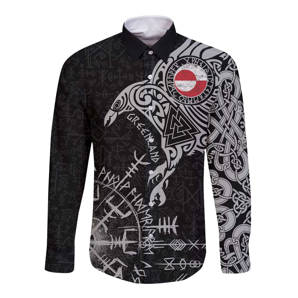 Greenland Viking Ravens Long Sleeve Button Shirt Vegvisir Runes Pattern - Wonder Print Shop