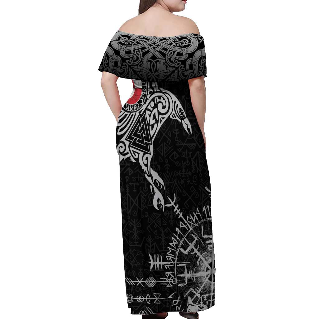 Greenland Viking Ravens Off Shoulder Maxi Dress Vegvisir Runes Pattern - Wonder Print Shop