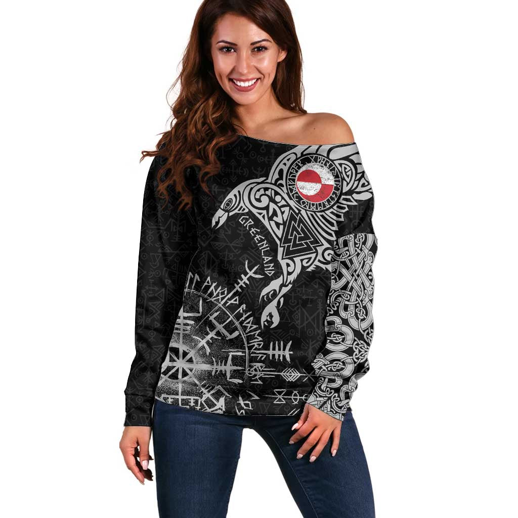 Greenland Viking Ravens Off Shoulder Sweater Vegvisir Runes Pattern - Wonder Print Shop