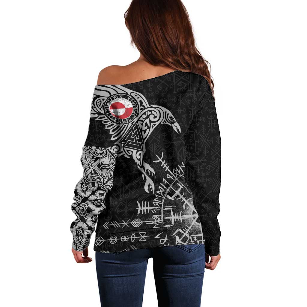 Greenland Viking Ravens Off Shoulder Sweater Vegvisir Runes Pattern - Wonder Print Shop