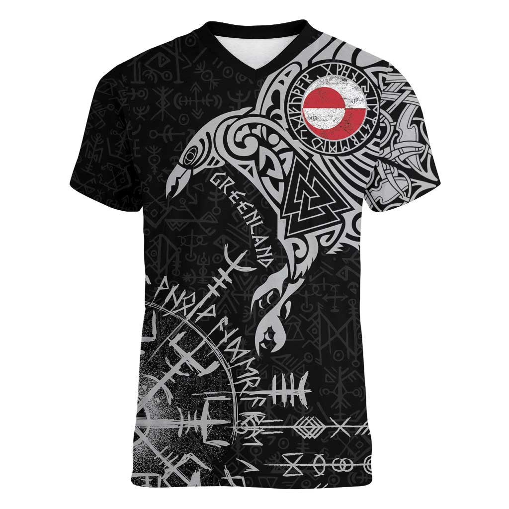 Greenland Viking Ravens Women V-Neck T-Shirt Vegvisir Runes Pattern - Wonder Print Shop
