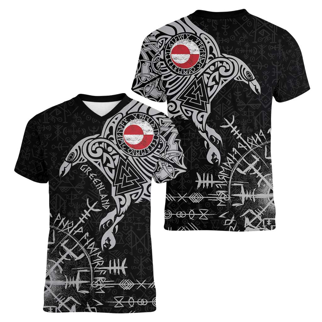 Greenland Viking Ravens Women V-Neck T-Shirt Vegvisir Runes Pattern - Wonder Print Shop