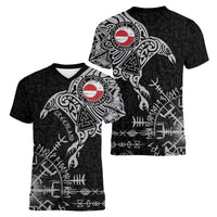 Greenland Viking Ravens Women V-Neck T-Shirt Vegvisir Runes Pattern - Wonder Print Shop