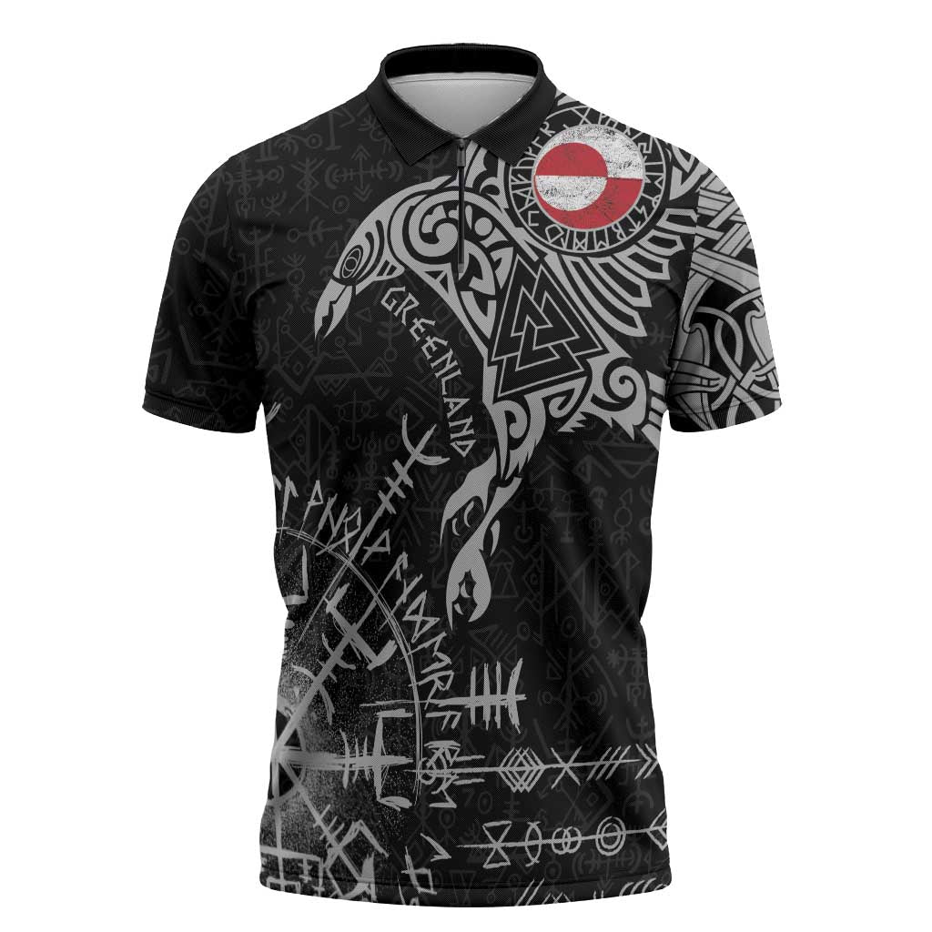 Greenland Viking Ravens Zipper Polo Shirt Vegvisir Runes Pattern - Wonder Print Shop