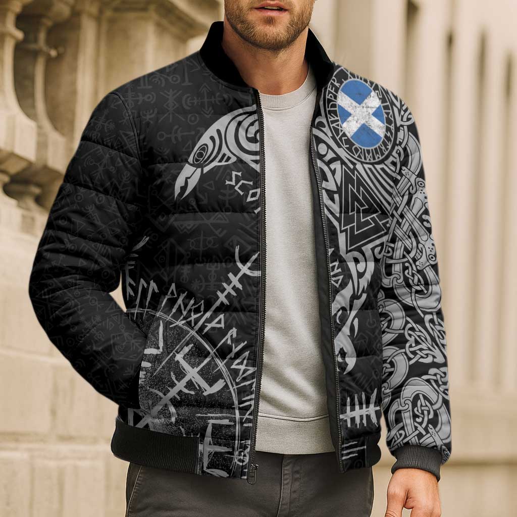 Scotland Viking Ravens Bomber Puffer Jacket Vegvisir Runes Pattern - Wonder Print Shop