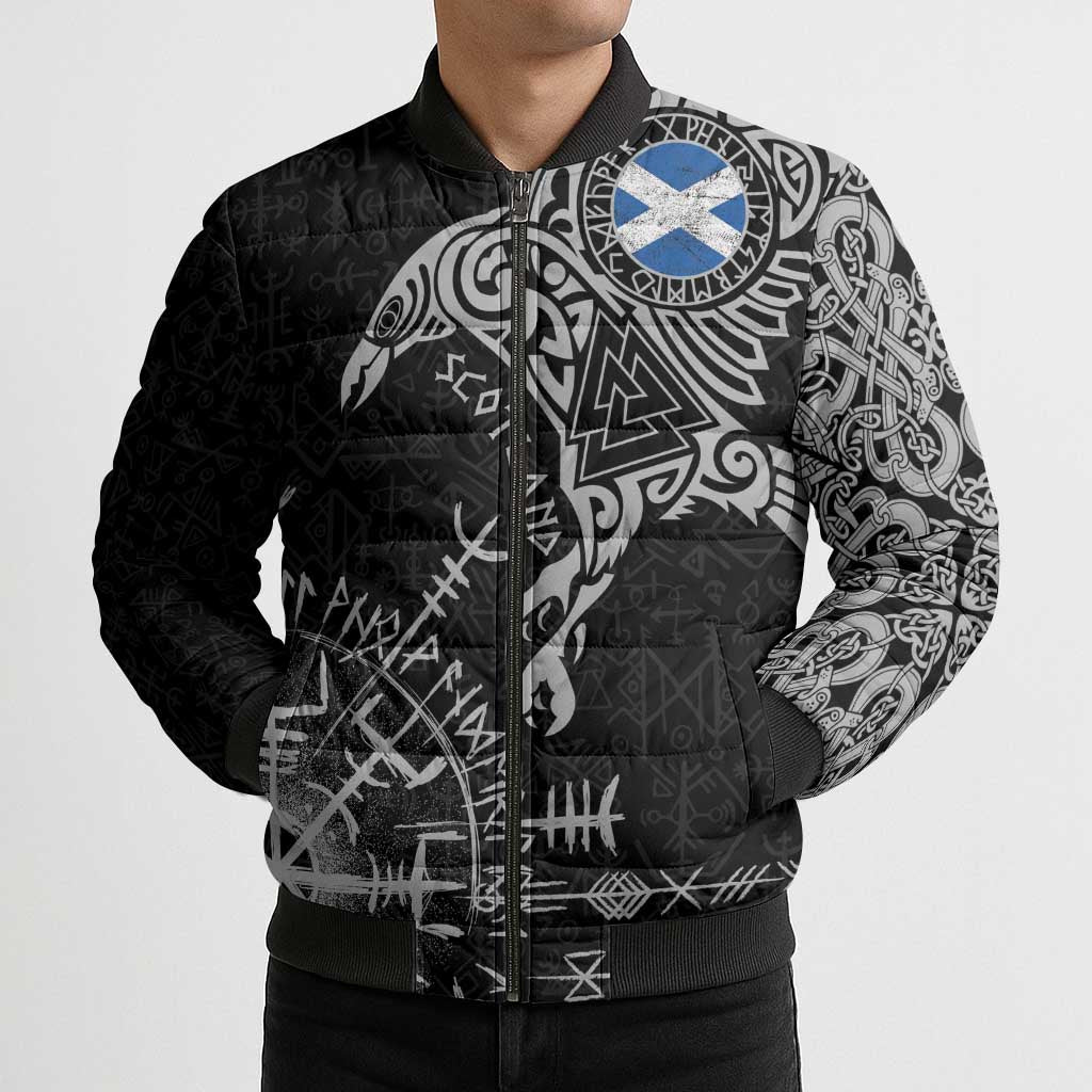 Scotland Viking Ravens Bomber Puffer Jacket Vegvisir Runes Pattern - Wonder Print Shop