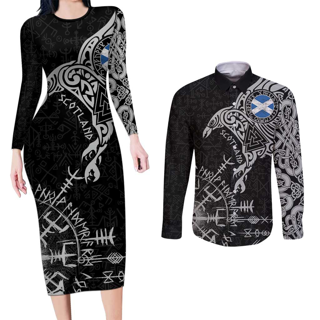 Scotland Viking Ravens Couples Matching Long Sleeve Bodycon Dress and Long Sleeve Button Shirt Vegvisir Runes Pattern - Wonder Print Shop