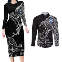 Scotland Viking Ravens Couples Matching Long Sleeve Bodycon Dress and Long Sleeve Button Shirt Vegvisir Runes Pattern - Wonder Print Shop