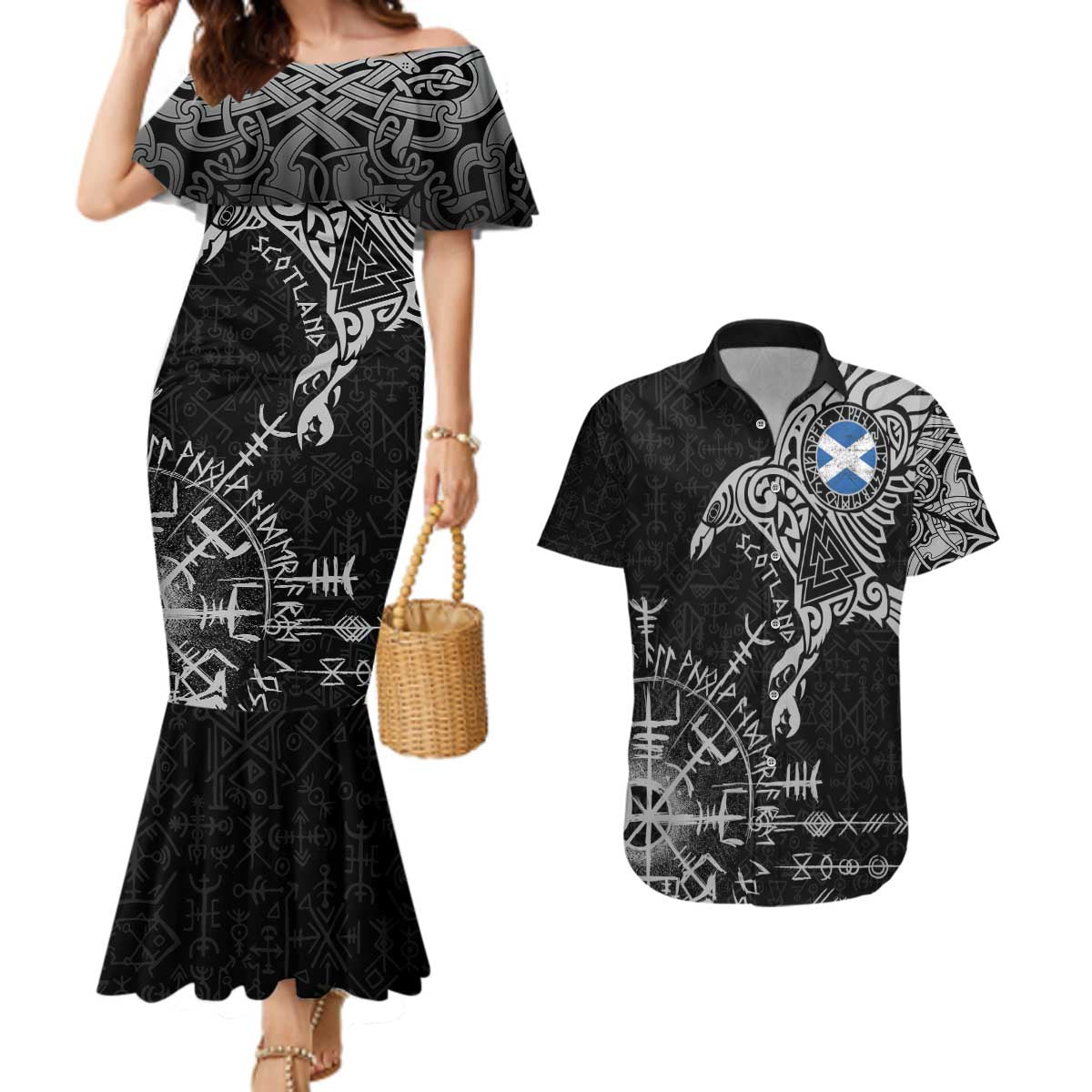 Scotland Viking Ravens Couples Matching Mermaid Dress and Hawaiian Shirt Vegvisir Runes Pattern - Wonder Print Shop