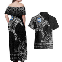 Scotland Viking Ravens Couples Matching Off Shoulder Maxi Dress and Hawaiian Shirt Vegvisir Runes Pattern - Wonder Print Shop
