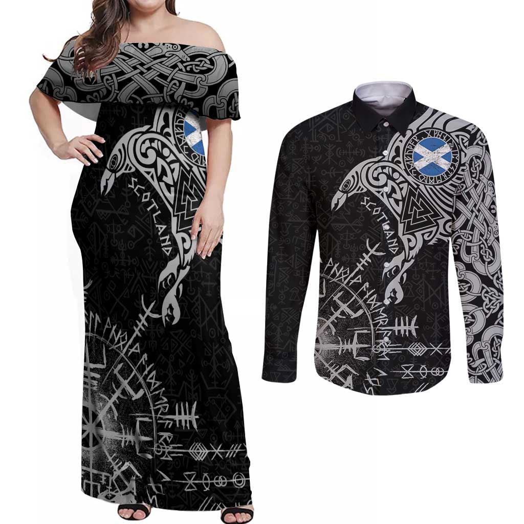 Scotland Viking Ravens Couples Matching Off Shoulder Maxi Dress and Long Sleeve Button Shirt Vegvisir Runes Pattern - Wonder Print Shop