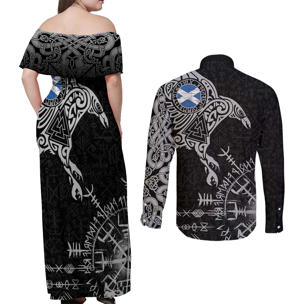 Scotland Viking Ravens Couples Matching Off Shoulder Maxi Dress and Long Sleeve Button Shirt Vegvisir Runes Pattern - Wonder Print Shop