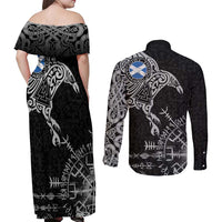 Scotland Viking Ravens Couples Matching Off Shoulder Maxi Dress and Long Sleeve Button Shirt Vegvisir Runes Pattern - Wonder Print Shop
