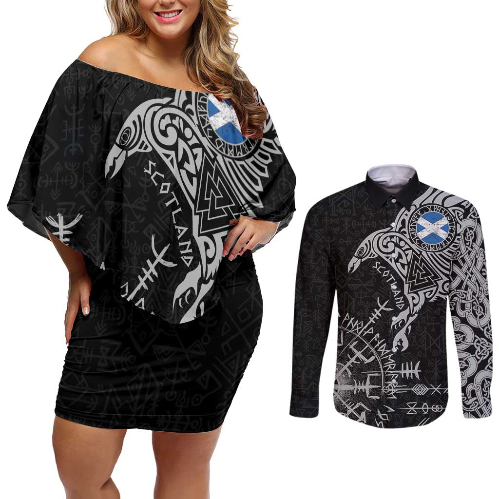 Scotland Viking Ravens Couples Matching Off Shoulder Short Dress and Long Sleeve Button Shirt Vegvisir Runes Pattern - Wonder Print Shop