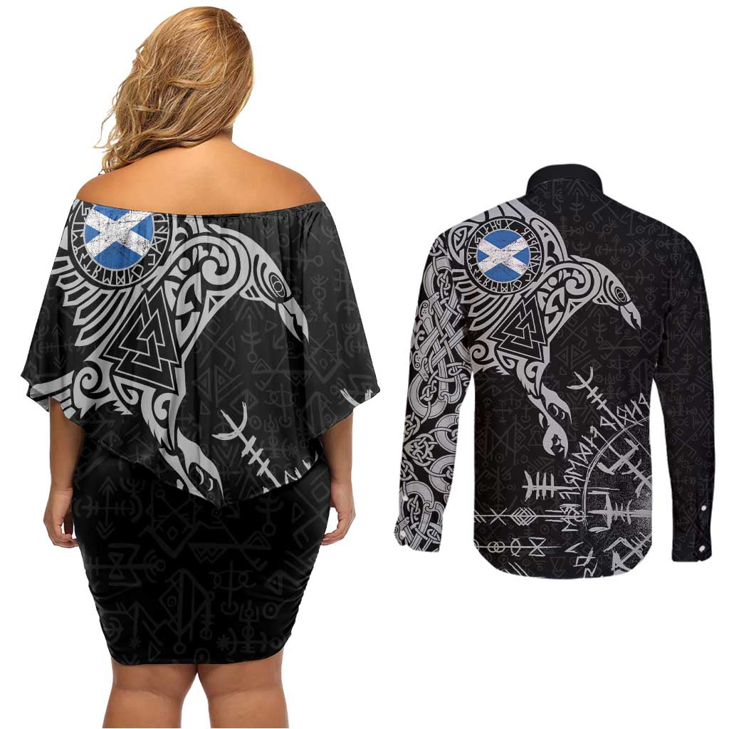 Scotland Viking Ravens Couples Matching Off Shoulder Short Dress and Long Sleeve Button Shirt Vegvisir Runes Pattern - Wonder Print Shop