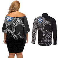 Scotland Viking Ravens Couples Matching Off Shoulder Short Dress and Long Sleeve Button Shirt Vegvisir Runes Pattern - Wonder Print Shop