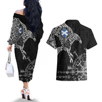 Scotland Viking Ravens Couples Matching Off The Shoulder Long Sleeve Dress and Hawaiian Shirt Vegvisir Runes Pattern - Wonder Print Shop